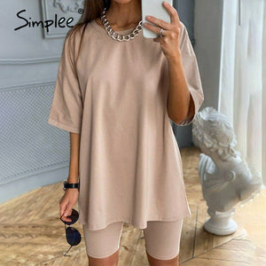 Simplee Casual solid outfits women's two piece suit with belt Home loose sports tracksuits fashion leisure bicycle suit summer