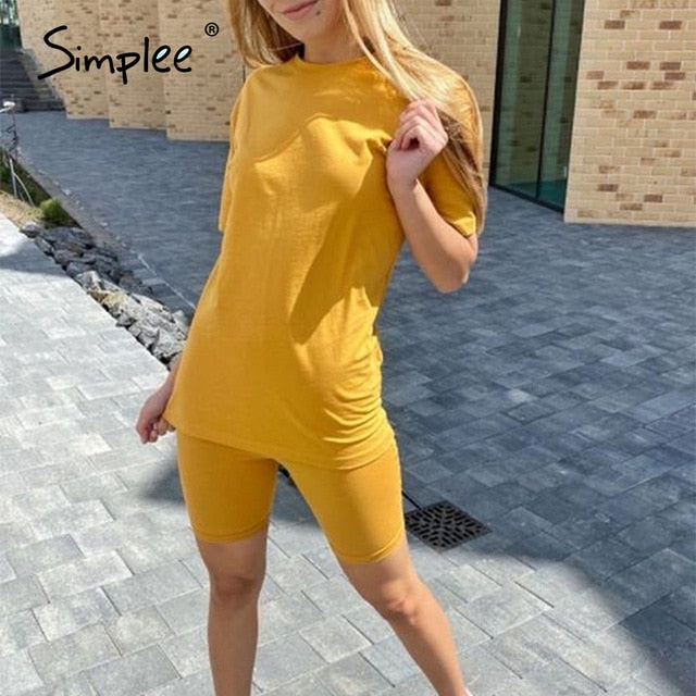 Simplee Casual solid outfits women's two piece suit with belt Home loose sports tracksuits fashion leisure bicycle suit summer