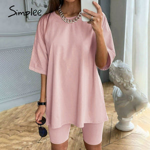 Simplee Casual solid outfits women's two piece suit with belt Home loose sports tracksuits fashion leisure bicycle suit summer