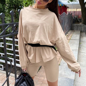 Simplee Casual solid outfits women's two piece suit with belt Home loose sports tracksuits fashion leisure bicycle suit summer