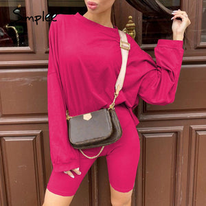 Simplee Casual solid outfits women's two piece suit with belt Home loose sports tracksuits fashion leisure bicycle suit summer