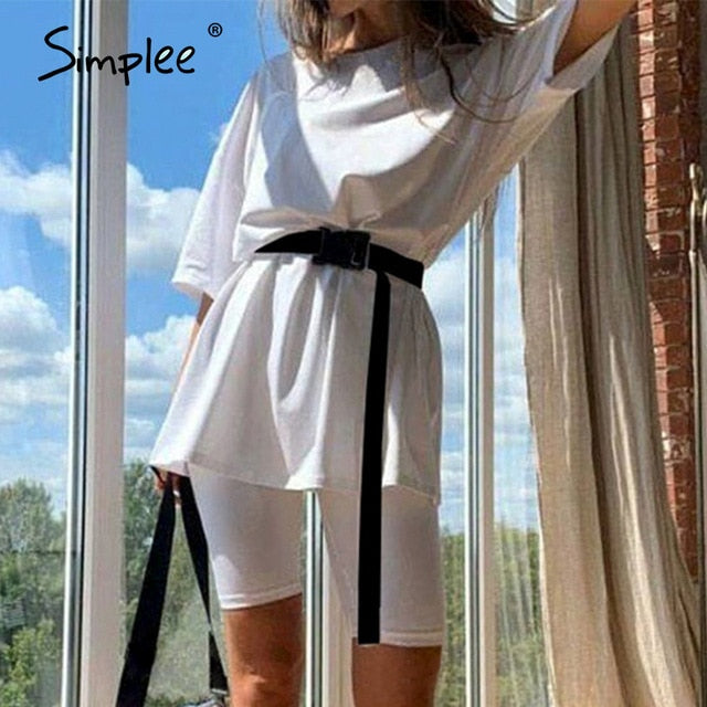 Simplee Casual solid outfits women's two piece suit with belt Home loose sports tracksuits fashion leisure bicycle suit summer