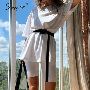 Simplee Casual solid outfits women's two piece suit with belt Home loose sports tracksuits fashion leisure bicycle suit summer