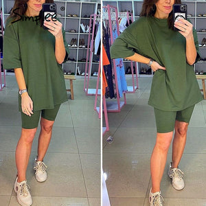 Simplee Casual solid outfits women's two piece suit with belt Home loose sports tracksuits fashion leisure bicycle suit summer