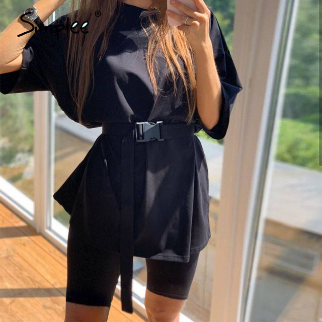 Simplee Casual solid outfits women's two piece suit with belt Home loose sports tracksuits fashion leisure bicycle suit summer