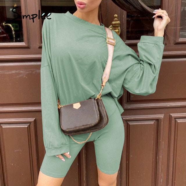Simplee Casual solid outfits women's two piece suit with belt Home loose sports tracksuits fashion leisure bicycle suit summer