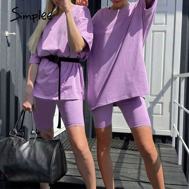 Simplee Casual solid outfits women's two piece suit with belt Home loose sports tracksuits fashion leisure bicycle suit summer