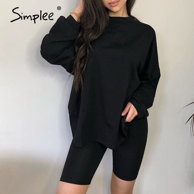Simplee Casual solid outfits women's two piece suit with belt Home loose sports tracksuits fashion leisure bicycle suit summer