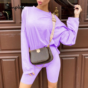 Simplee Casual solid outfits women's two piece suit with belt Home loose sports tracksuits fashion leisure bicycle suit summer