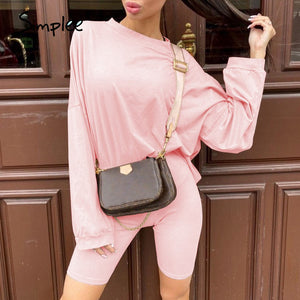 Simplee Casual solid outfits women's two piece suit with belt Home loose sports tracksuits fashion leisure bicycle suit summer