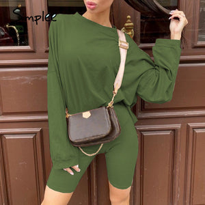 Simplee Casual solid outfits women's two piece suit with belt Home loose sports tracksuits fashion leisure bicycle suit summer
