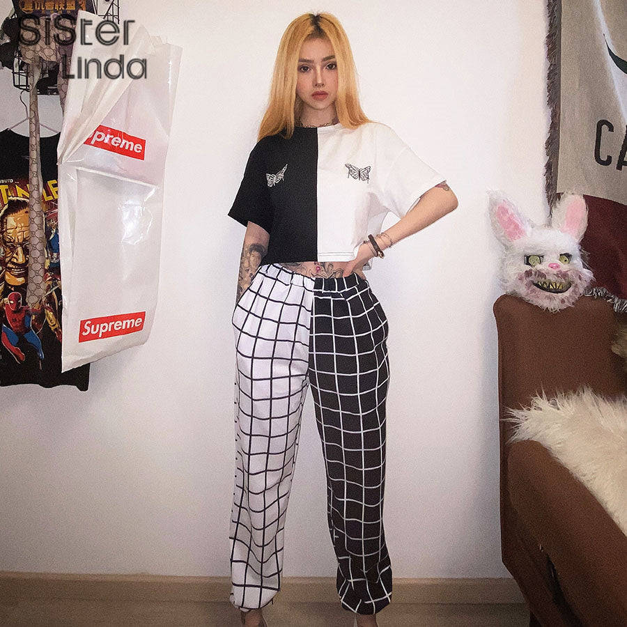 Sisterlinda Contrast Cargo Pant For Women T-shirt Loose Hight Waist Plaid Jogging Trousers Sport Pants Elasticity Sportpants Top