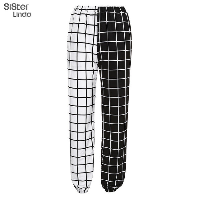 Sisterlinda Contrast Cargo Pant For Women T-shirt Loose Hight Waist Plaid Jogging Trousers Sport Pants Elasticity Sportpants Top