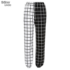 Sisterlinda Contrast Cargo Pant For Women T-shirt Loose Hight Waist Plaid Jogging Trousers Sport Pants Elasticity Sportpants Top