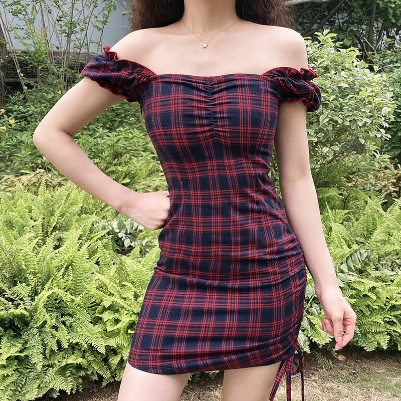 Plaid summer dress 2020 dark red checkered square collar dress mini dress party fashion punk dress