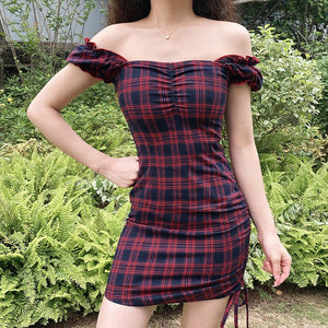 Plaid summer dress 2020 dark red checkered square collar dress mini dress party fashion punk dress