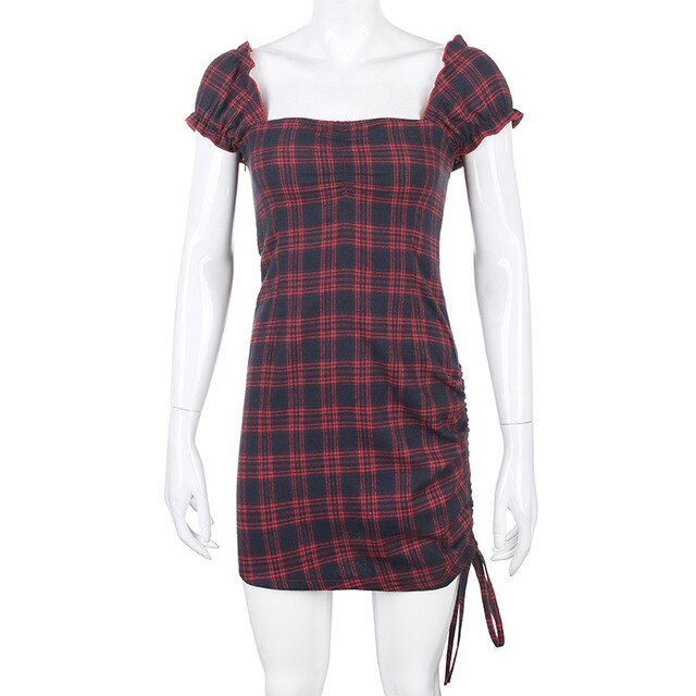 Plaid summer dress 2020 dark red checkered square collar dress mini dress party fashion punk dress